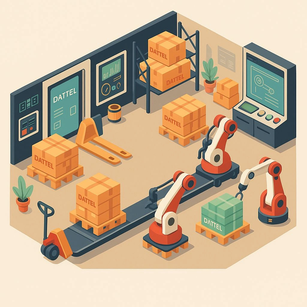 Современный автоматизированный склад Dattel с роботами и системой управления
