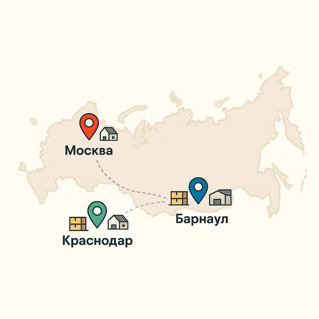 Карта инфраструктуры Dattel: офисы и склады в Москве, Барнауле и Краснодаре