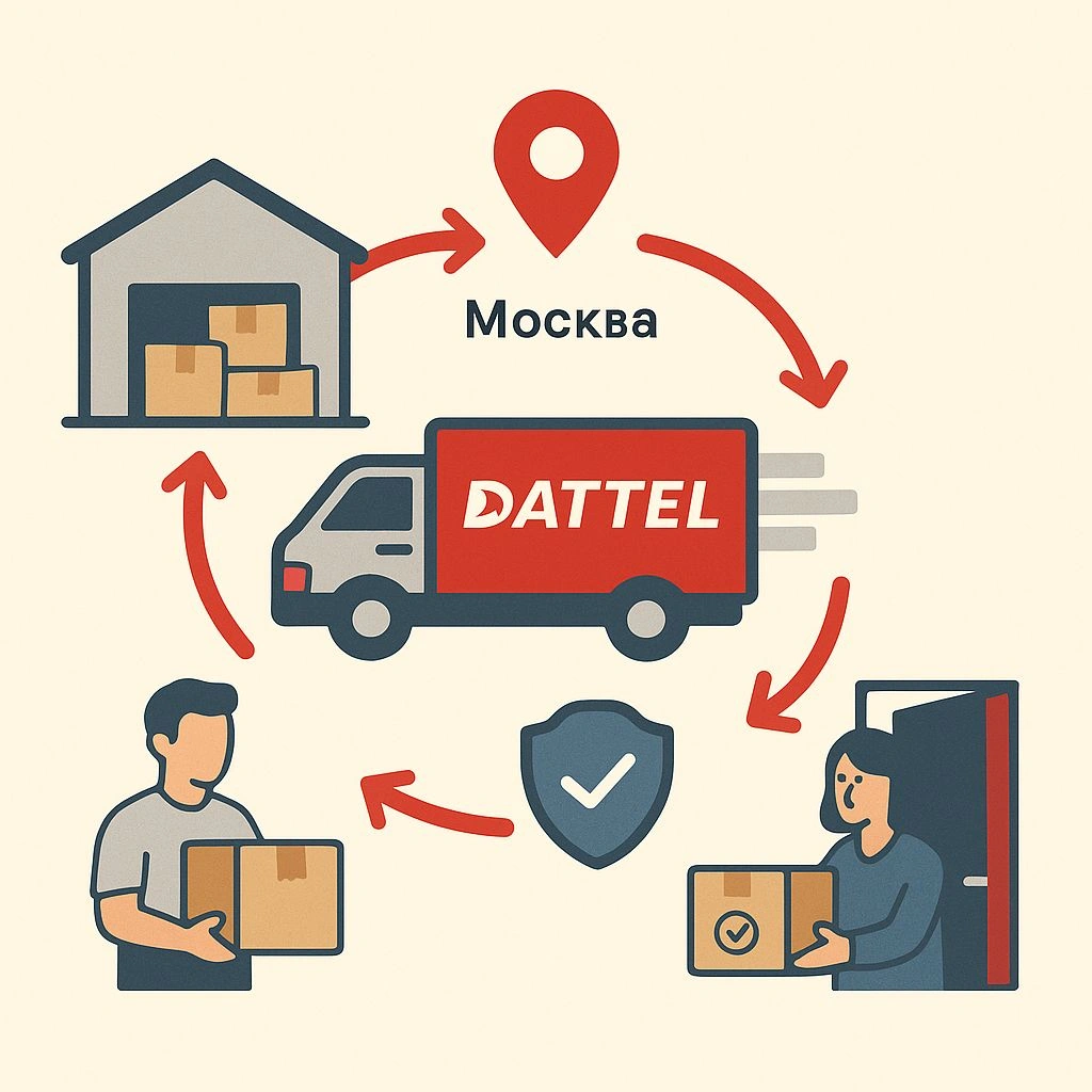 Схема логистики Dattel: склад, доставка брендированным транспортом, безопасная доставка клиенту